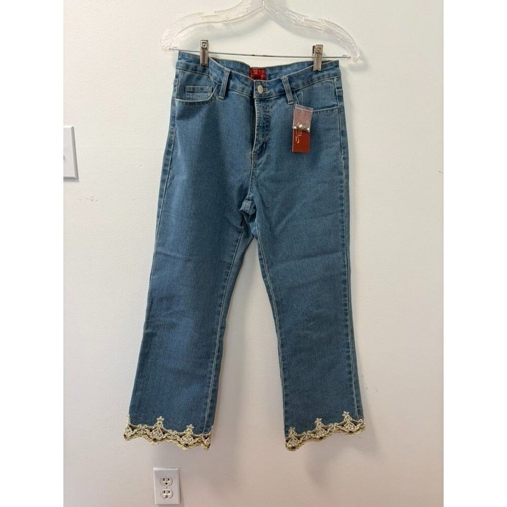 Azita Lace Hem Cropped Jeans Womens Size 6 Blue Denim Beaded Rhinestone NWT